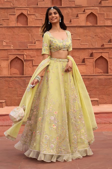 Buy_Aariyana Couture_Yellow Tissue, Viscose Tassels, Embroidery Scoop Floral And Paisley Lehenga Set _Online_at_Aza_Fashions