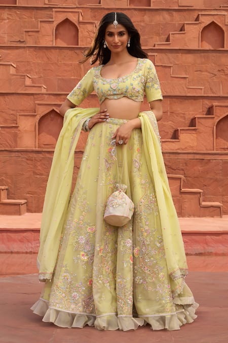 Shop_Aariyana Couture_Yellow Tissue, Viscose Tassels, Embroidery Scoop Floral And Paisley Lehenga Set _Online_at_Aza_Fashions