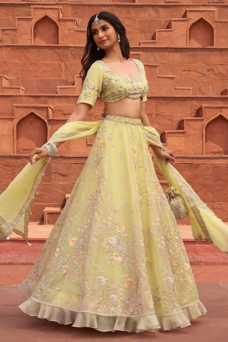 Aariyana Couture_Yellow Tissue, Viscose Tassels, Embroidery Scoop Floral And Paisley Lehenga Set _at_Aza_Fashions
