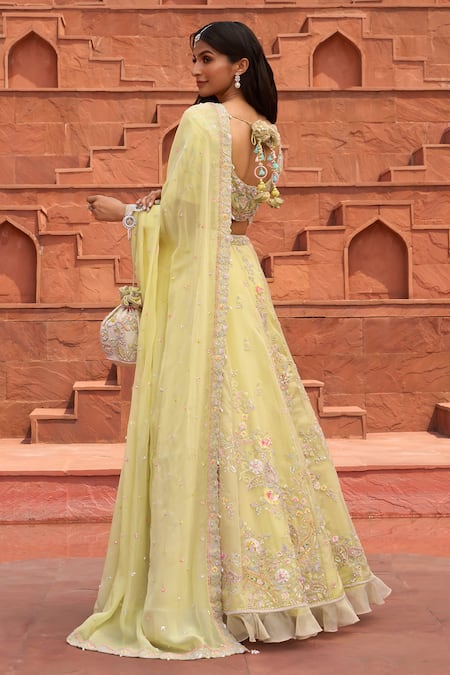 Shop_Aariyana Couture_Yellow Tissue, Viscose Tassels, Embroidery Scoop Floral And Paisley Lehenga Set 