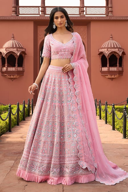 Aariyana Couture Pink Lehenga Silk Organza Embroidered Floral Paan Neck Bridal Set