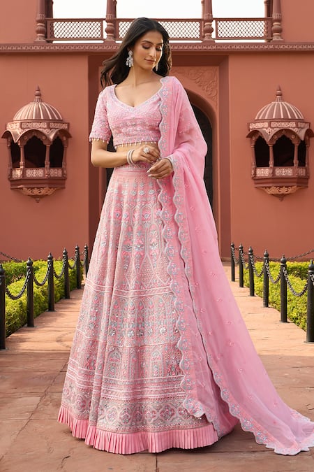 Shop_Aariyana Couture_Pink Silk Organza, Silk, Viscose Tassels, Floral Embroidered Bridal Lehenga Set_Online_at_Aza_Fashions