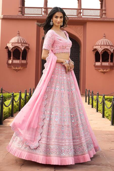Shop_Aariyana Couture_Pink Silk Organza, Silk, Viscose Tassels, Floral Embroidered Bridal Lehenga Set
