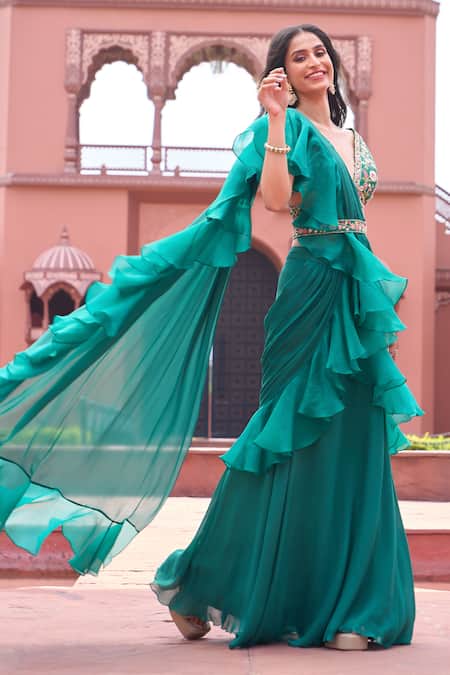 Buy_Aariyana Couture_Green Viscose, Georgette, Organza, Silk Pre-draped Ruffle Saree With Blouse_Online_at_Aza_Fashions