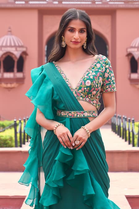 Shop_Aariyana Couture_Green Viscose, Georgette, Organza, Silk Pre-draped Ruffle Saree With Blouse_Online_at_Aza_Fashions