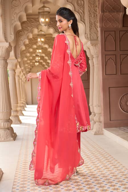 Shop_Aariyana Couture_Coral Chanderi, Viscose Embroidery Scoop Neck Kalidar Kurta Set _at_Aza_Fashions