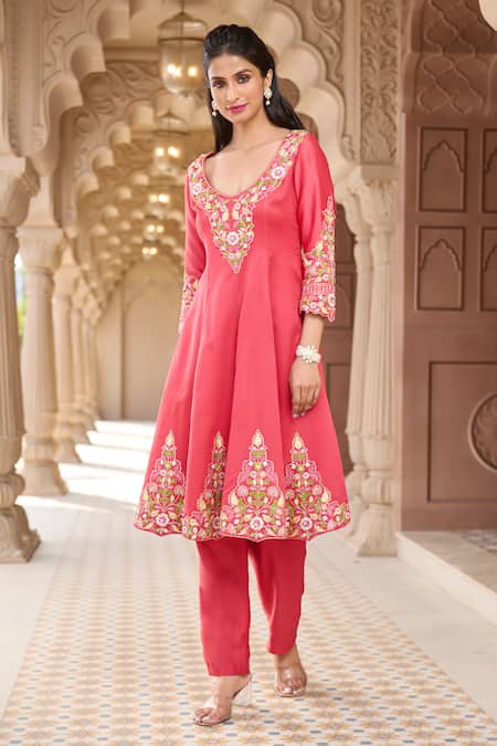 Aariyana Couture_Coral Chanderi, Viscose Embroidery Scoop Neck Kalidar Kurta Set _Online_at_Aza_Fashions