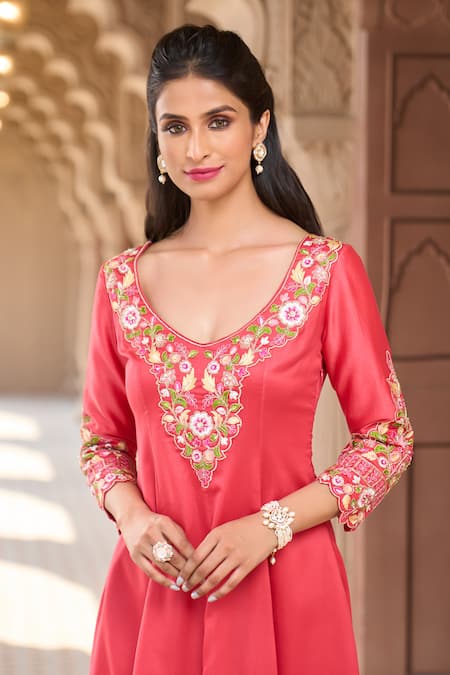 Aariyana Couture_Coral Chanderi, Viscose Embroidery Scoop Neck Kalidar Kurta Set _at_Aza_Fashions
