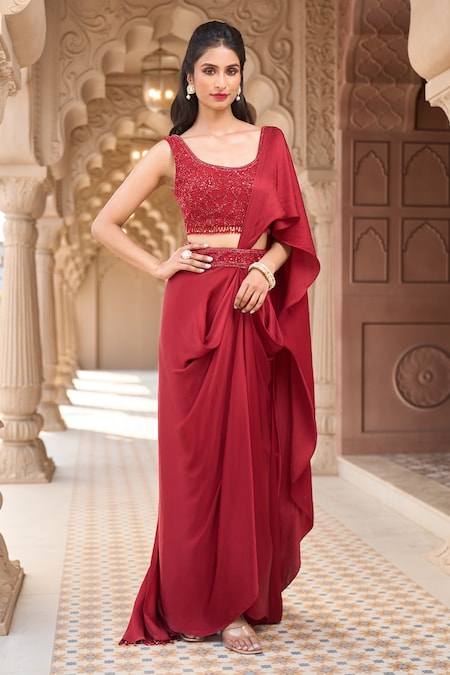 Aariyana Couture Red Modal Satin Embroidered Sequins Scoop Pre-draped Saree Skirt With Blouse