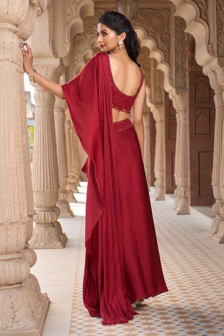 Shop_Aariyana Couture_Red Modal, Satin Sequins, Beads Pre-draped Saree Skirt With Embroidered Blouse_at_Aza_Fashions