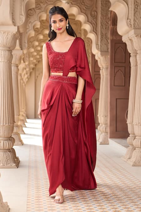 Shop_Aariyana Couture_Red Modal, Satin Sequins, Beads Pre-draped Saree Skirt With Embroidered Blouse_Online_at_Aza_Fashions