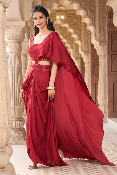 Aariyana Couture_Red Modal, Satin Sequins, Beads Pre-draped Saree Skirt With Embroidered Blouse_at_Aza_Fashions
