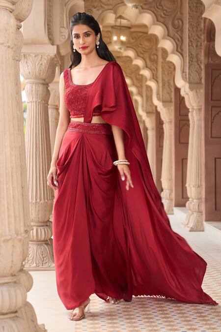 Shop_Aariyana Couture_Red Modal, Satin Sequins, Beads Pre-draped Saree Skirt With Embroidered Blouse