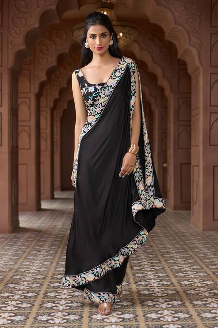 Buy_Aariyana Couture_Black Bamboo, Satin Embroidery Scoop Neck Floral Blouse Pant Set_Online_at_Aza_Fashions