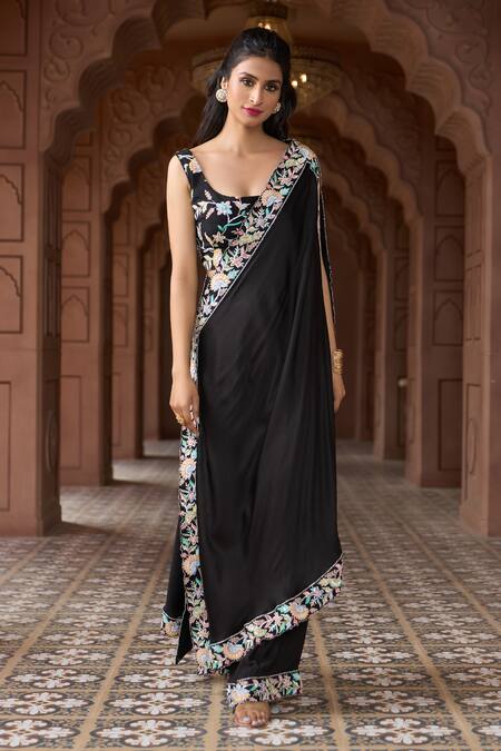 Shop_Aariyana Couture_Black Bamboo, Satin Embroidery Scoop Neck Floral Blouse Pant Set_Online_at_Aza_Fashions