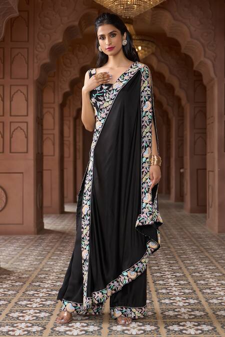 Aariyana Couture_Black Bamboo, Satin Embroidery Scoop Neck Floral Blouse Pant Set_at_Aza_Fashions