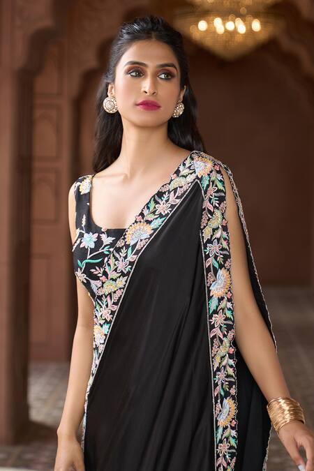 Buy_Aariyana Couture_Black Bamboo, Satin Embroidery Scoop Neck Floral Blouse Pant Set