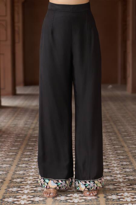 Shop_Aariyana Couture_Black Bamboo, Satin Embroidery Scoop Neck Floral Blouse Pant Set