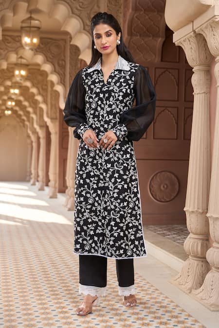 Aariyana Couture Black Kurta Silk Chanderi Embroidered Floral Vine Shirt Collar And Pant Set