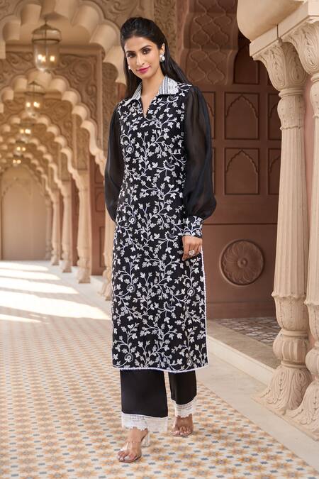 Aariyana Couture_Black Silk, Chanderi, Satin Lace Floral Vine Embroidered Kurta And Pant Set_Online_at_Aza_Fashions