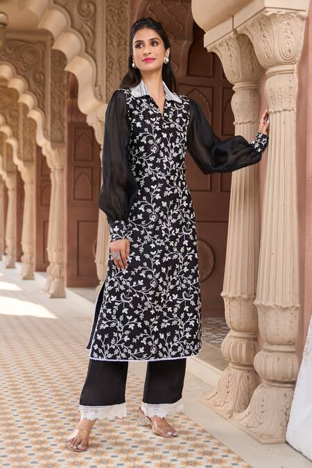 Buy_Aariyana Couture_Black Silk, Chanderi, Satin Lace Floral Vine Embroidered Kurta And Pant Set_Online_at_Aza_Fashions