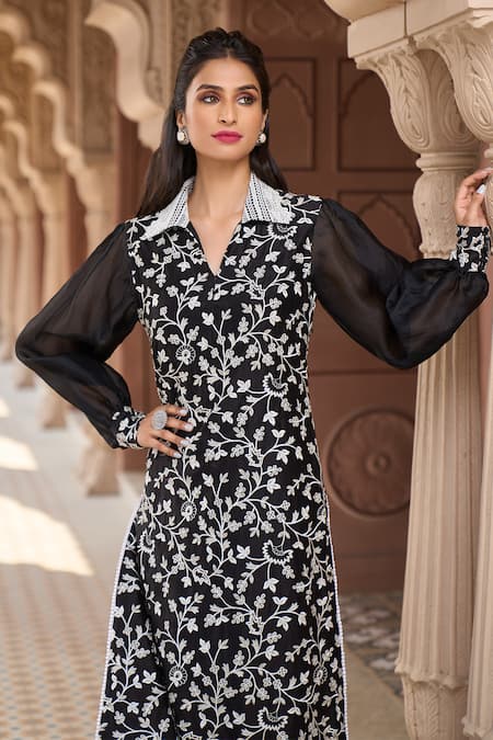 Shop_Aariyana Couture_Black Silk, Chanderi, Satin Lace Floral Vine Embroidered Kurta And Pant Set