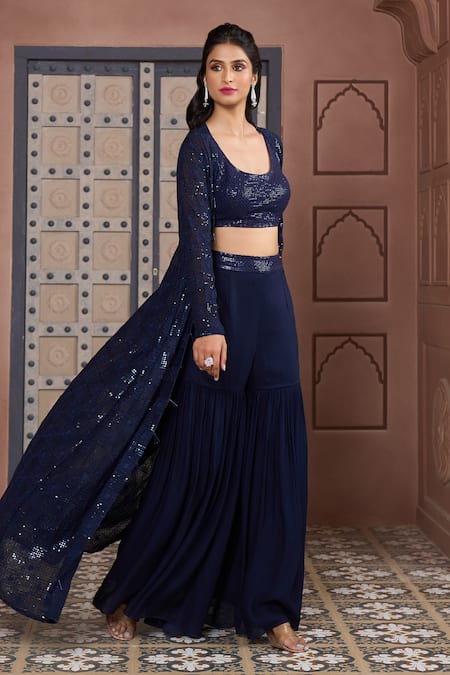 Shop_Aariyana Couture_Blue Viscose, Georgette Sequins, Embroidery Scoop Neck, Open Jacket Sharara Set_Online_at_Aza_Fashions