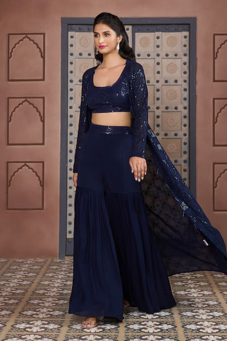 Aariyana Couture_Blue Viscose, Georgette Sequins, Embroidery Scoop Neck, Open Jacket Sharara Set_at_Aza_Fashions