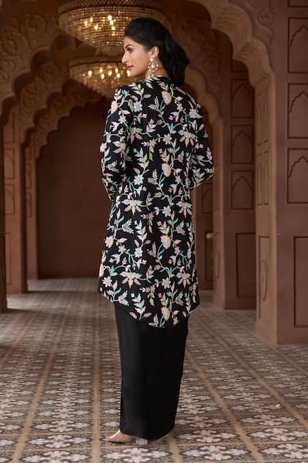 Shop Aariyana Couture Black Modal, Satin, Silk Embroidery Scoop Floral Jacket And Draped Skirt Set at Aza Fashions Shop_Aariyana Couture_Black Modal, Satin, Silk Embroidery Scoop Floral Jacket And Draped Skirt Set _at_Aza_Fashions