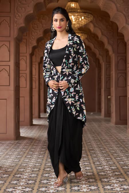 Shop Aariyana Couture Black Modal, Satin, Silk Embroidery Scoop Floral Jacket And Draped Skirt Set Shop_Aariyana Couture_Black Modal, Satin, Silk Embroidery Scoop Floral Jacket And Draped Skirt Set