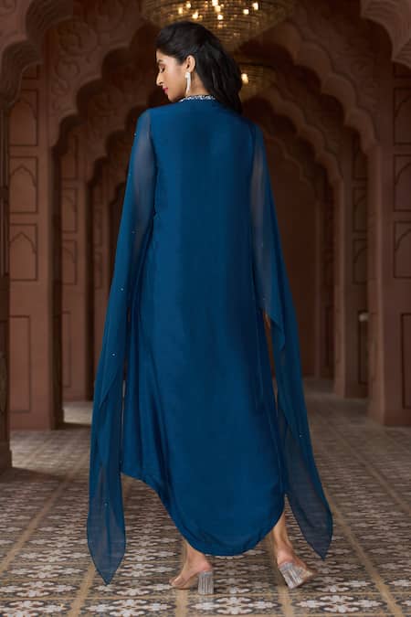 Shop_Aariyana Couture_Blue Tussar, Silk, Georgette Embroidery Round Neck Cape Sleeve Tunic _at_Aza_Fashions