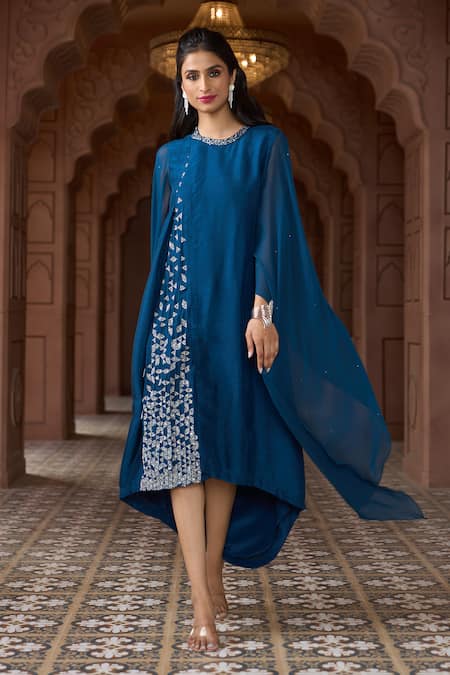 Aariyana Couture_Blue Tussar, Silk, Georgette Embroidery Round Neck Cape Sleeve Tunic _Online_at_Aza_Fashions