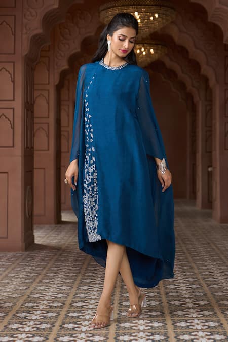 Buy_Aariyana Couture_Blue Tussar, Silk, Georgette Embroidery Round Neck Cape Sleeve Tunic _Online_at_Aza_Fashions