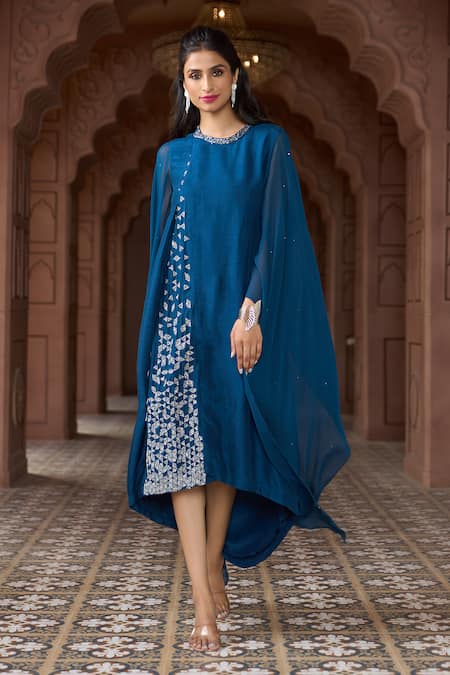 Shop_Aariyana Couture_Blue Tussar, Silk, Georgette Embroidery Round Neck Cape Sleeve Tunic _Online_at_Aza_Fashions