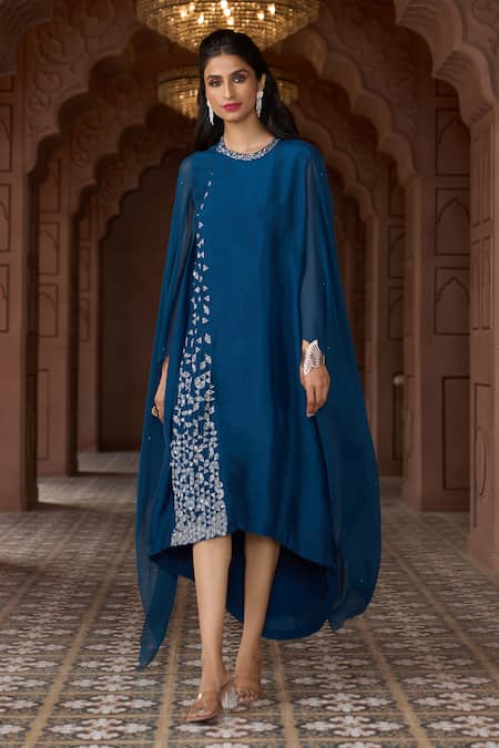Aariyana Couture_Blue Tussar, Silk, Georgette Embroidery Round Neck Cape Sleeve Tunic _at_Aza_Fashions