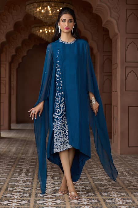 Buy_Aariyana Couture_Blue Tussar, Silk, Georgette Embroidery Round Neck Cape Sleeve Tunic 