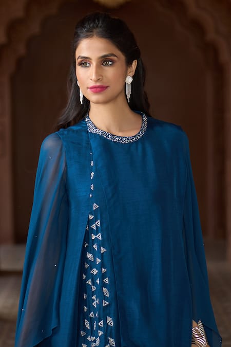 Shop_Aariyana Couture_Blue Tussar, Silk, Georgette Embroidery Round Neck Cape Sleeve Tunic 