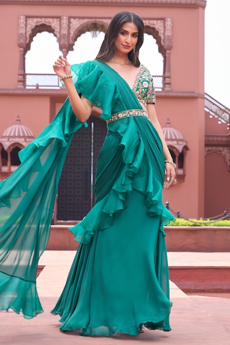 Aariyana Couture Green Bustier Dupion Embroidered Floral V Pre-draped Ruffle Saree With Blouse