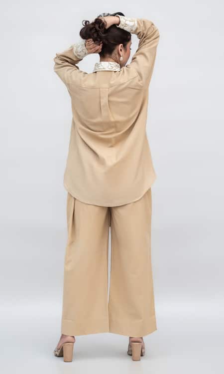 Shop Daljit Sudan Beige Handloom Cotton Embroidered Aari Collared Shirt With Pant at Aza Fashions Shop_Daljit Sudan_Beige Handloom Cotton Embroidered Aari Collared Shirt With Pant _at_Aza_Fashions