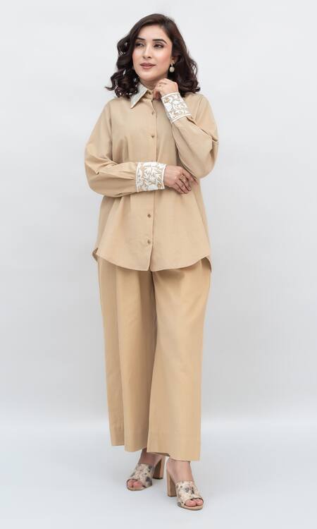 Daljit Sudan Beige Handloom Cotton Embroidered Aari Collared Shirt With Pant Online at Aza Fashions Daljit Sudan_Beige Handloom Cotton Embroidered Aari Collared Shirt With Pant _Online_at_Aza_Fashions