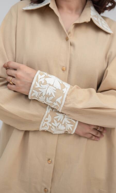 Buy Daljit Sudan Beige Handloom Cotton Embroidered Aari Collared Shirt With Pant Online at Aza Fashions Buy_Daljit Sudan_Beige Handloom Cotton Embroidered Aari Collared Shirt With Pant _Online_at_Aza_Fashions