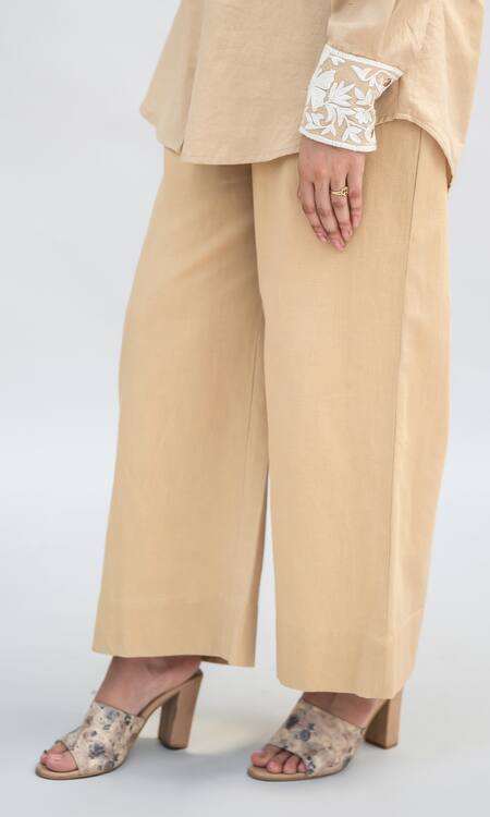 Shop Daljit Sudan Beige Handloom Cotton Embroidered Aari Collared Shirt With Pant Online at Aza Fashions Shop_Daljit Sudan_Beige Handloom Cotton Embroidered Aari Collared Shirt With Pant _Online_at_Aza_Fashions