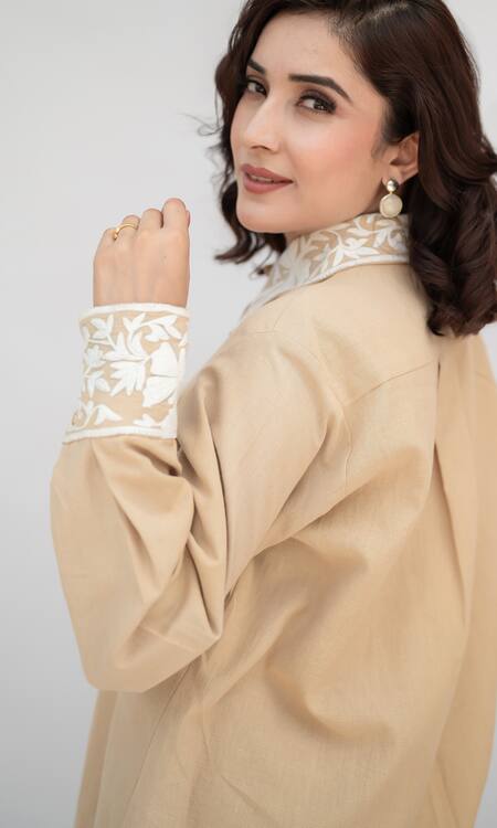 Daljit Sudan Beige Handloom Cotton Embroidered Aari Collared Shirt With Pant at Aza Fashions Daljit Sudan_Beige Handloom Cotton Embroidered Aari Collared Shirt With Pant _at_Aza_Fashions