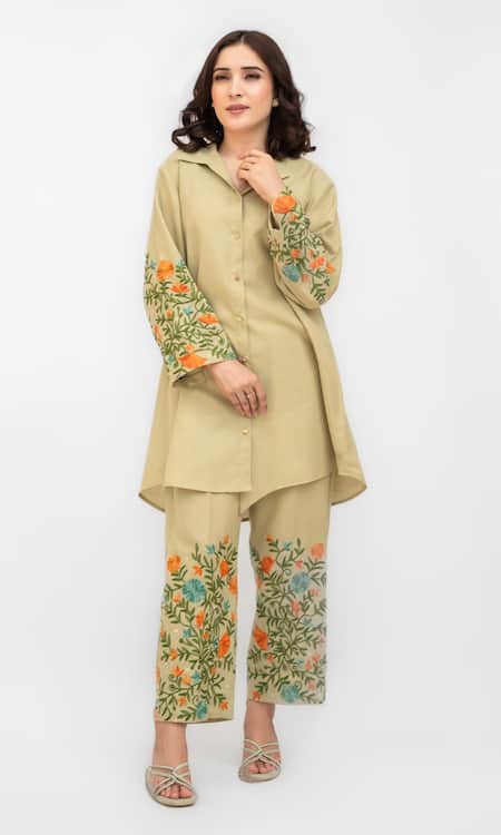 Shop Daljit Sudan Green Cotton Embroidery Shawl Neck, Collared Floral Kurta And Pant Set Online at Aza Fashions Shop_Daljit Sudan_Green Cotton Embroidery Shawl Neck, Collared Floral Kurta And Pant Set _Online_at_Aza_Fashions