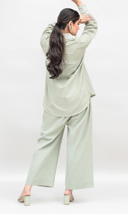 Shop Daljit Sudan Green Handloom Cotton Embroidered Aari Collared Shirt Pant Set at Aza Fashions Shop_Daljit Sudan_Green Handloom Cotton Embroidered Aari Collared Shirt Pant Set _at_Aza_Fashions