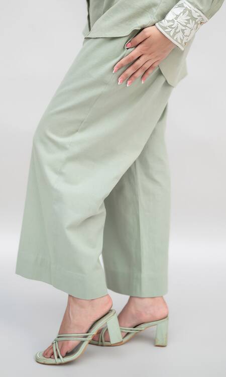 Daljit Sudan Green Handloom Cotton Embroidered Aari Collared Shirt Pant Set Online at Aza Fashions Daljit Sudan_Green Handloom Cotton Embroidered Aari Collared Shirt Pant Set _Online_at_Aza_Fashions