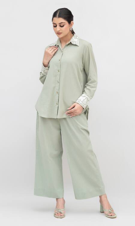 Buy Daljit Sudan Green Handloom Cotton Embroidered Aari Collared Shirt Pant Set Online at Aza Fashions Buy_Daljit Sudan_Green Handloom Cotton Embroidered Aari Collared Shirt Pant Set _Online_at_Aza_Fashions