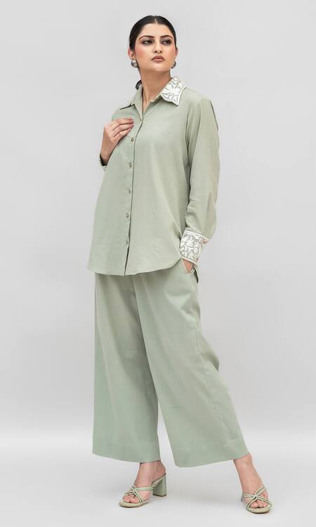 Shop Daljit Sudan Green Handloom Cotton Embroidered Aari Collared Shirt Pant Set Online at Aza Fashions Shop_Daljit Sudan_Green Handloom Cotton Embroidered Aari Collared Shirt Pant Set _Online_at_Aza_Fashions