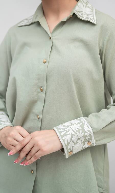 Daljit Sudan Green Handloom Cotton Embroidered Aari Collared Shirt Pant Set at Aza Fashions Daljit Sudan_Green Handloom Cotton Embroidered Aari Collared Shirt Pant Set _at_Aza_Fashions