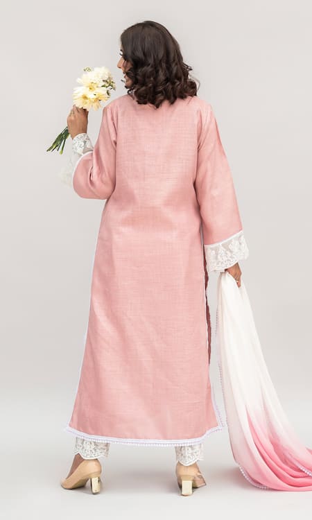 Shop_Daljit Sudan_Pink Linen, Cotton, Georgette Embroidery V-neck Thread Kurta Pant Set _at_Aza_Fashions